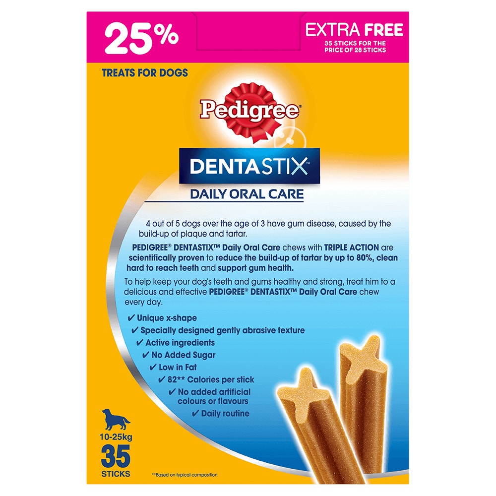 PEDIGREE® DentaStix™ Daily Oral Care Medium Dog Treat Triple Action Dental Chew 35 Sticks Box back