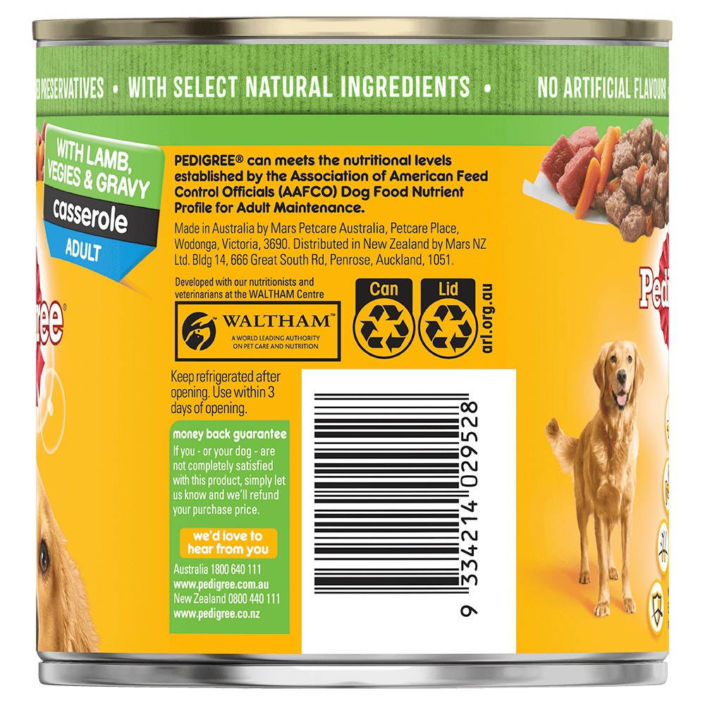 PEDIGREE® Adult Wet Dog Food With Lamb Vegies and Gravy Casserole 700g Can back