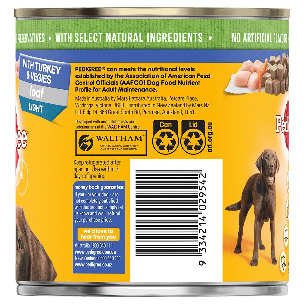 PEDIGREE® Light Wet Dog Food With Turkey & Vegies Loaf 700g Can back